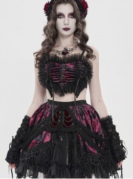 Black Red Heart-Shaped Velveteen Splicing Mesh Lace Decoration Sides Drawstrings Cute Gothic Style Super Short Tank Top