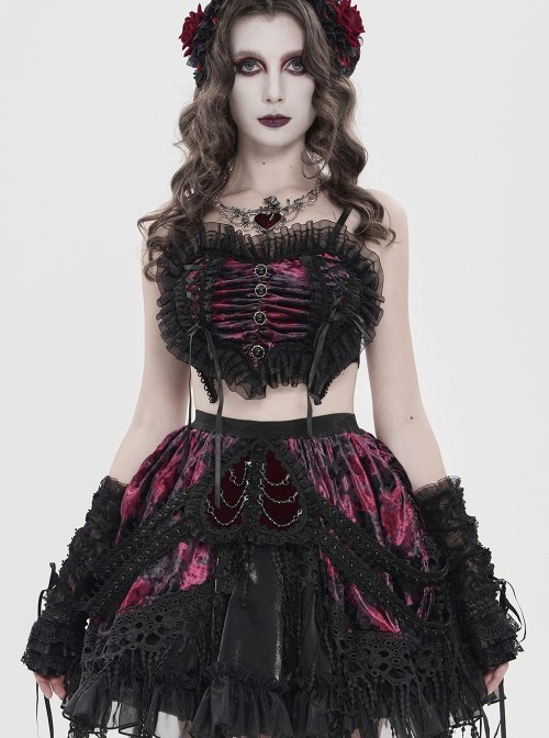 Black Red Heart-Shaped Velveteen Splicing Mesh Lace Decoration Sides Drawstrings Cute Gothic Style Super Short Tank Top