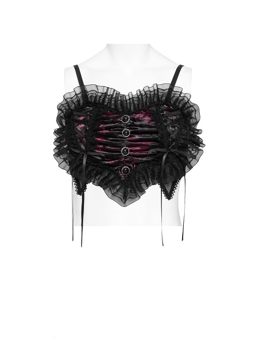 Black Red Heart-Shaped Velveteen Splicing Mesh Lace Decoration Sides Drawstrings Cute Gothic Style Super Short Tank Top