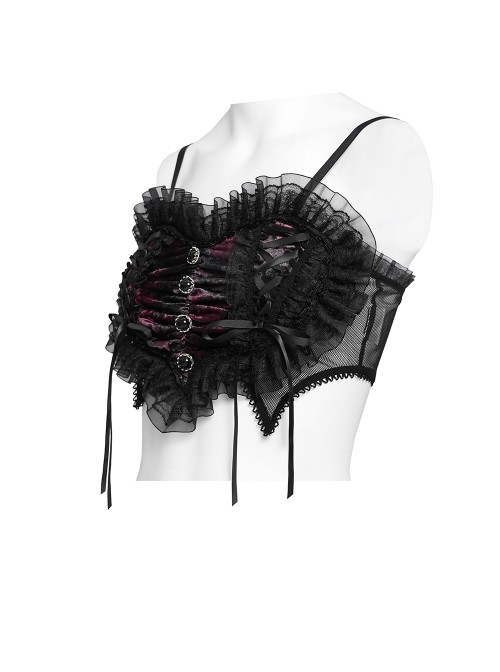 Black Red Heart-Shaped Velveteen Splicing Mesh Lace Decoration Sides Drawstrings Cute Gothic Style Super Short Tank Top