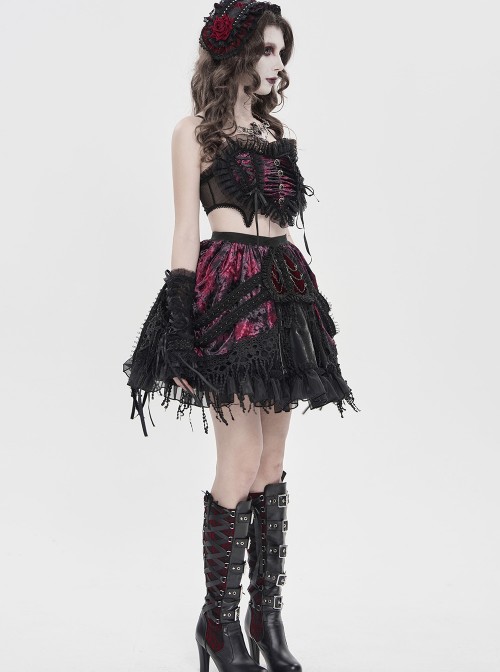 Black Red Heart-Shaped Velveteen Splicing Mesh Lace Decoration Sides Drawstrings Cute Gothic Style Super Short Tank Top
