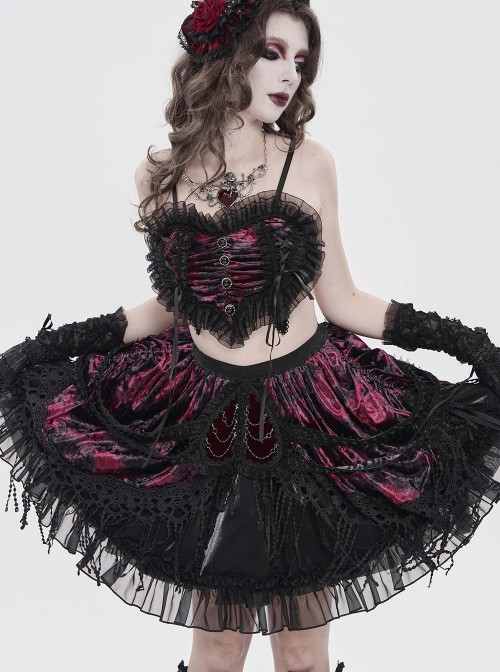 Black Red Heart-Shaped Velveteen Splicing Mesh Lace Decoration Sides Drawstrings Cute Gothic Style Super Short Tank Top