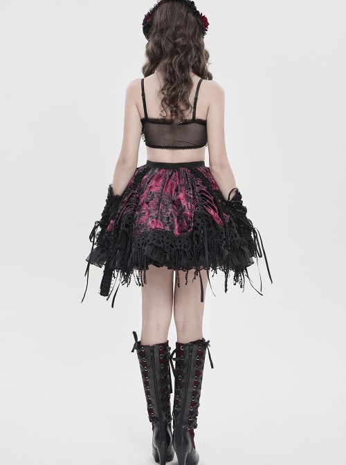 Black Red Heart-Shaped Velveteen Splicing Mesh Lace Decoration Sides Drawstrings Cute Gothic Style Super Short Tank Top