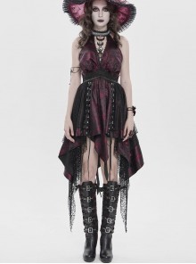 Black Red Butterfly Print Crease Woven Hanging Chains Halter-Neck Backless Mesh Decoration Irregular Hem Gothic Style Dress