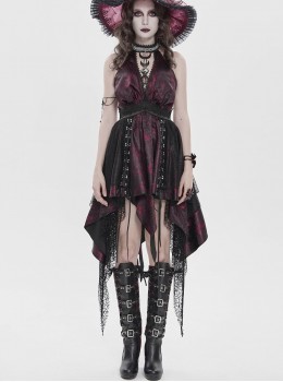 Black Red Butterfly Print Crease Woven Hanging Chains Halter-Neck Backless Mesh Decoration Irregular Hem Gothic Style Dress