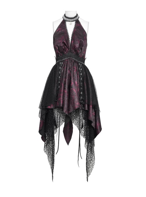 Black Red Butterfly Print Crease Woven Hanging Chains Halter-Neck Backless Mesh Decoration Irregular Hem Gothic Style Dress