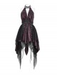 Black Red Butterfly Print Crease Woven Hanging Chains Halter-Neck Backless Mesh Decoration Irregular Hem Gothic Style Dress