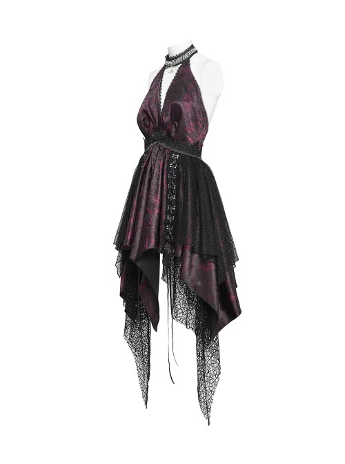 Black Red Butterfly Print Crease Woven Hanging Chains Halter-Neck Backless Mesh Decoration Irregular Hem Gothic Style Dress