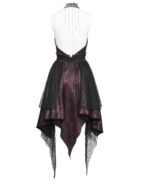 Black Red Butterfly Print Crease Woven Hanging Chains Halter-Neck Backless Mesh Decoration Irregular Hem Gothic Style Dress