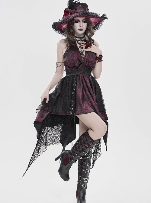 Black Red Butterfly Print Crease Woven Hanging Chains Halter-Neck Backless Mesh Decoration Irregular Hem Gothic Style Dress
