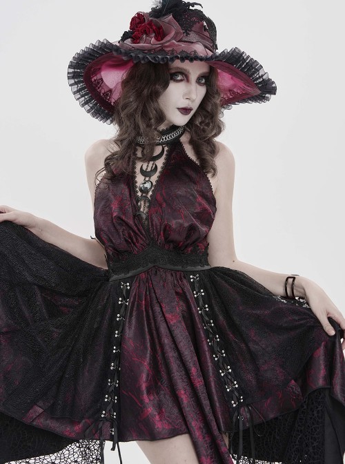 Black Red Butterfly Print Crease Woven Hanging Chains Halter-Neck Backless Mesh Decoration Irregular Hem Gothic Style Dress
