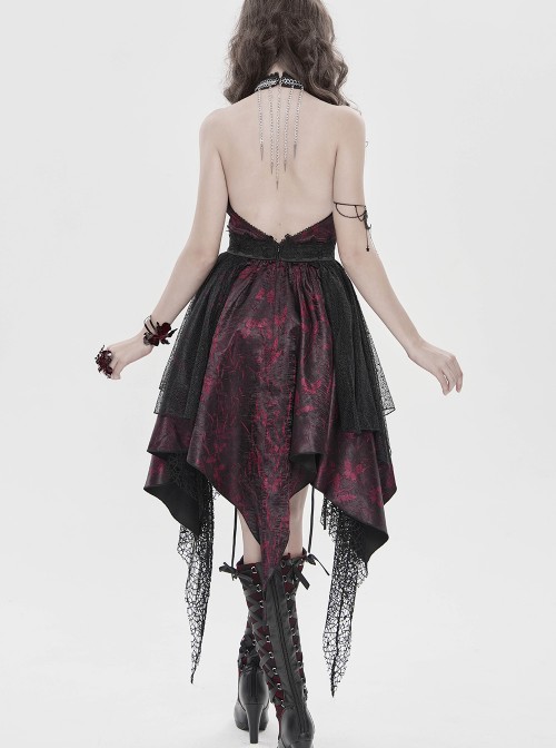 Black Red Butterfly Print Crease Woven Hanging Chains Halter-Neck Backless Mesh Decoration Irregular Hem Gothic Style Dress