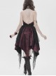 Black Red Butterfly Print Crease Woven Hanging Chains Halter-Neck Backless Mesh Decoration Irregular Hem Gothic Style Dress