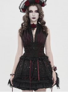 Burgundy Satin Covered With Black Chiffon Eyelash Lace Shoulder V-Neck Waist Jacquard Backless Short Gothic Style Sleeveless T-Shirt