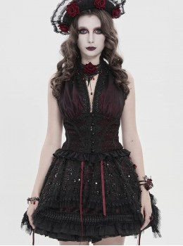 Burgundy Satin Covered With Black Chiffon Eyelash Lace Shoulder V-Neck Waist Jacquard Backless Short Gothic Style Sleeveless T-Shirt