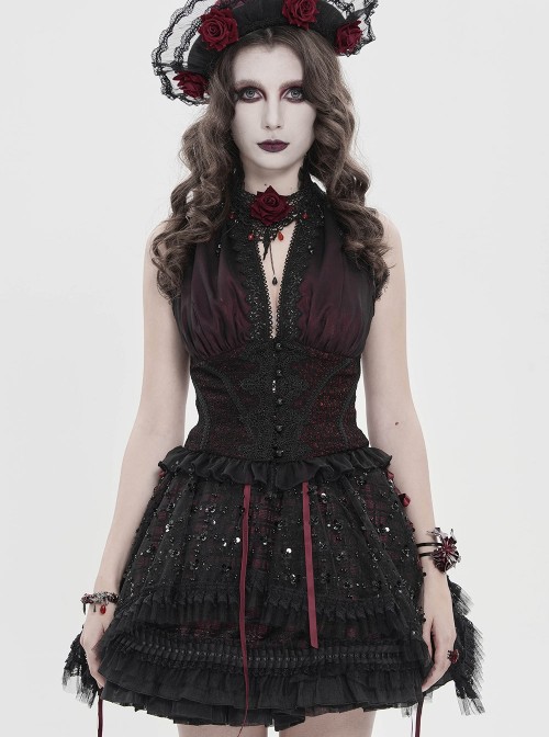 Burgundy Satin Covered With Black Chiffon Eyelash Lace Shoulder V-Neck Waist Jacquard Backless Short Gothic Style Sleeveless T-Shirt
