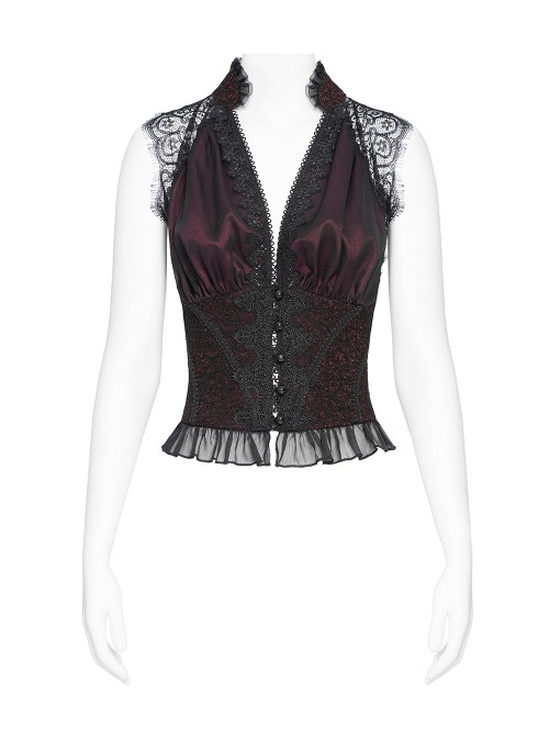 Burgundy Satin Covered With Black Chiffon Eyelash Lace Shoulder V-Neck Waist Jacquard Backless Short Gothic Style Sleeveless T-Shirt