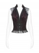 Burgundy Satin Covered With Black Chiffon Eyelash Lace Shoulder V-Neck Waist Jacquard Backless Short Gothic Style Sleeveless T-Shirt