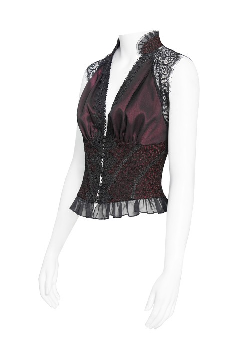 Burgundy Satin Covered With Black Chiffon Eyelash Lace Shoulder V-Neck Waist Jacquard Backless Short Gothic Style Sleeveless T-Shirt