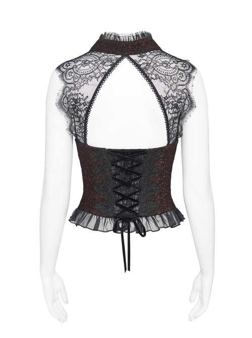 Burgundy Satin Covered With Black Chiffon Eyelash Lace Shoulder V-Neck Waist Jacquard Backless Short Gothic Style Sleeveless T-Shirt