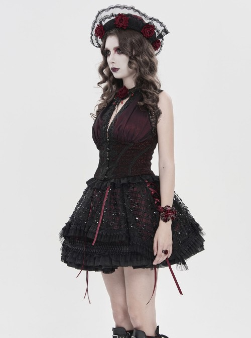 Burgundy Satin Covered With Black Chiffon Eyelash Lace Shoulder V-Neck Waist Jacquard Backless Short Gothic Style Sleeveless T-Shirt