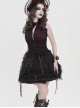 Burgundy Satin Covered With Black Chiffon Eyelash Lace Shoulder V-Neck Waist Jacquard Backless Short Gothic Style Sleeveless T-Shirt