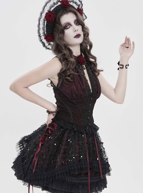 Burgundy Satin Covered With Black Chiffon Eyelash Lace Shoulder V-Neck Waist Jacquard Backless Short Gothic Style Sleeveless T-Shirt