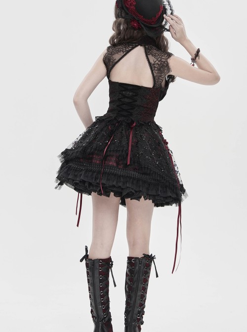 Burgundy Satin Covered With Black Chiffon Eyelash Lace Shoulder V-Neck Waist Jacquard Backless Short Gothic Style Sleeveless T-Shirt