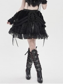 Black Weft Velveteen Splicing Velvet Heart-Shaped Decoration Sides Woven Ribbons Ruffled Hem Gothic Short Skirt