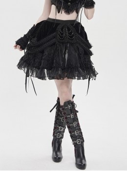 Black Weft Velveteen Splicing Velvet Heart-Shaped Decoration Sides Woven Ribbons Ruffled Hem Gothic Short Skirt