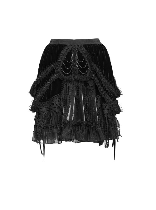 Black Weft Velveteen Splicing Velvet Heart-Shaped Decoration Sides Woven Ribbons Ruffled Hem Gothic Short Skirt