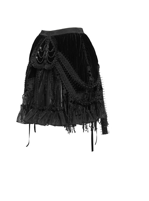 Black Weft Velveteen Splicing Velvet Heart-Shaped Decoration Sides Woven Ribbons Ruffled Hem Gothic Short Skirt