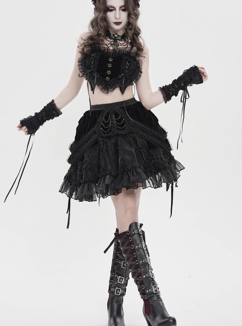 Black Weft Velveteen Splicing Velvet Heart-Shaped Decoration Sides Woven Ribbons Ruffled Hem Gothic Short Skirt