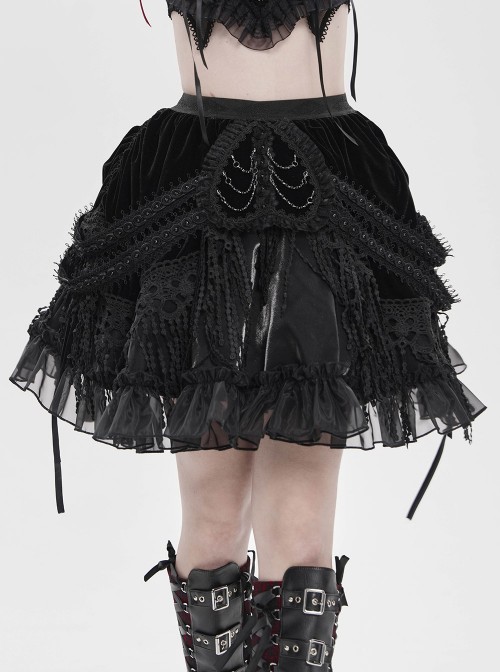 Black Weft Velveteen Splicing Velvet Heart-Shaped Decoration Sides Woven Ribbons Ruffled Hem Gothic Short Skirt
