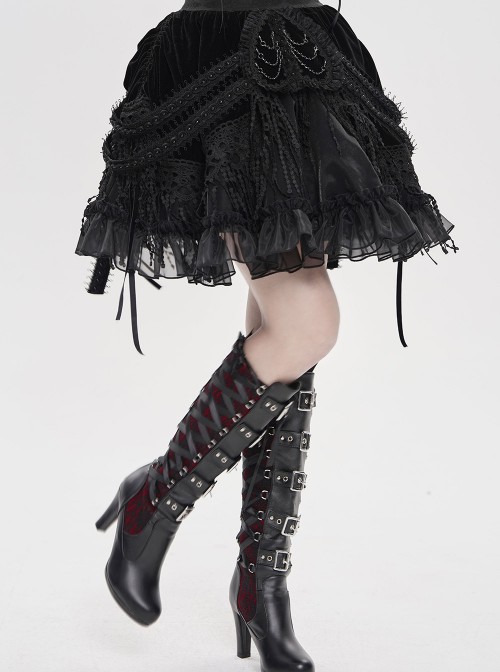 Black Weft Velveteen Splicing Velvet Heart-Shaped Decoration Sides Woven Ribbons Ruffled Hem Gothic Short Skirt