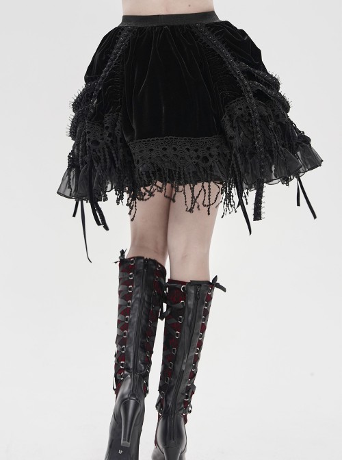 Black Weft Velveteen Splicing Velvet Heart-Shaped Decoration Sides Woven Ribbons Ruffled Hem Gothic Short Skirt