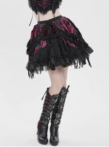 Black Red Weft Velveteen Splicing Velvet Heart-Shaped Decoration Ruffled Hem Sides Woven Ribbons Gothic Short Skirt