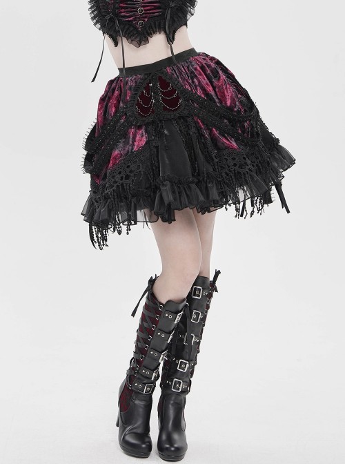 Black Red Weft Velveteen Splicing Velvet Heart-Shaped Decoration Ruffled Hem Sides Woven Ribbons Gothic Short Skirt