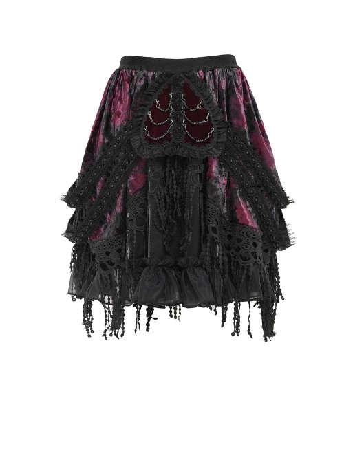 Black Red Weft Velveteen Splicing Velvet Heart-Shaped Decoration Ruffled Hem Sides Woven Ribbons Gothic Short Skirt