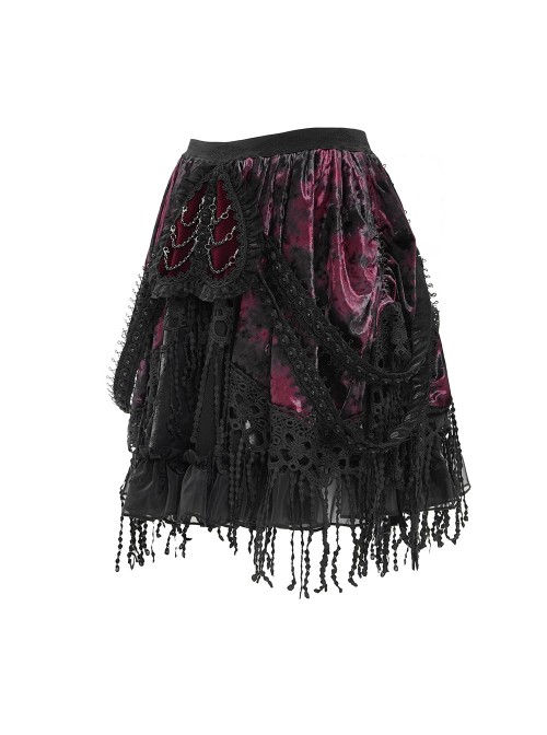 Black Red Weft Velveteen Splicing Velvet Heart-Shaped Decoration Ruffled Hem Sides Woven Ribbons Gothic Short Skirt