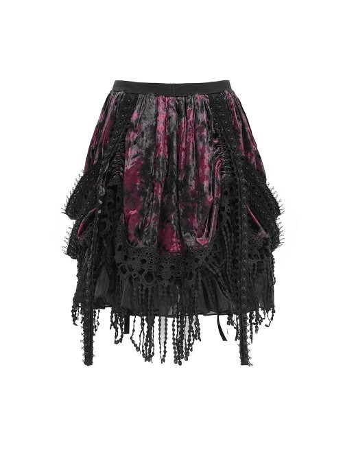 Black Red Weft Velveteen Splicing Velvet Heart-Shaped Decoration Ruffled Hem Sides Woven Ribbons Gothic Short Skirt