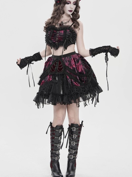 Black Red Weft Velveteen Splicing Velvet Heart-Shaped Decoration Ruffled Hem Sides Woven Ribbons Gothic Short Skirt