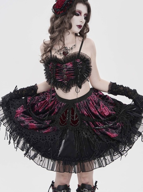 Black Red Weft Velveteen Splicing Velvet Heart-Shaped Decoration Ruffled Hem Sides Woven Ribbons Gothic Short Skirt
