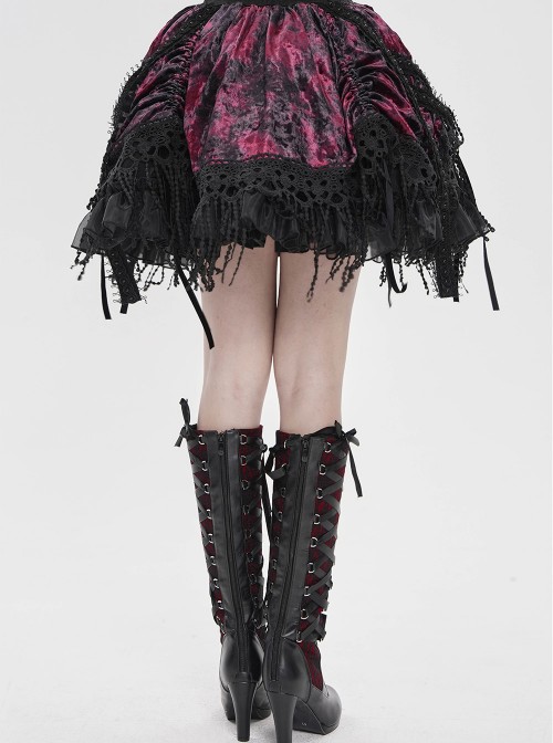 Black Red Weft Velveteen Splicing Velvet Heart-Shaped Decoration Ruffled Hem Sides Woven Ribbons Gothic Short Skirt