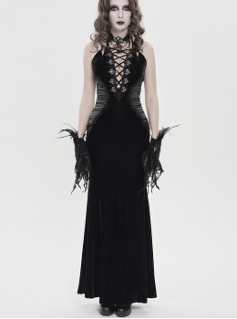 Black Velvet Sides Waist-Cinching Adjustable Drawstring Halter Deep V-Neck Backless Gothic Style Slip Long Fishtail Dress