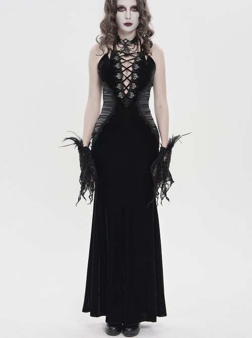 Black Velvet Sides Waist-Cinching Adjustable Drawstring Halter Deep V-Neck Backless Gothic Style Slip Long Fishtail Dress