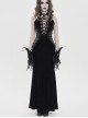 Black Velvet Sides Waist-Cinching Adjustable Drawstring Halter Deep V-Neck Backless Gothic Style Slip Long Fishtail Dress
