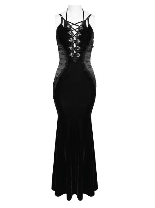 Black Velvet Sides Waist-Cinching Adjustable Drawstring Halter Deep V-Neck Backless Gothic Style Slip Long Fishtail Dress