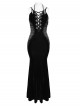 Black Velvet Sides Waist-Cinching Adjustable Drawstring Halter Deep V-Neck Backless Gothic Style Slip Long Fishtail Dress