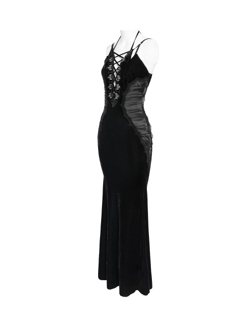 Black Velvet Sides Waist-Cinching Adjustable Drawstring Halter Deep V-Neck Backless Gothic Style Slip Long Fishtail Dress